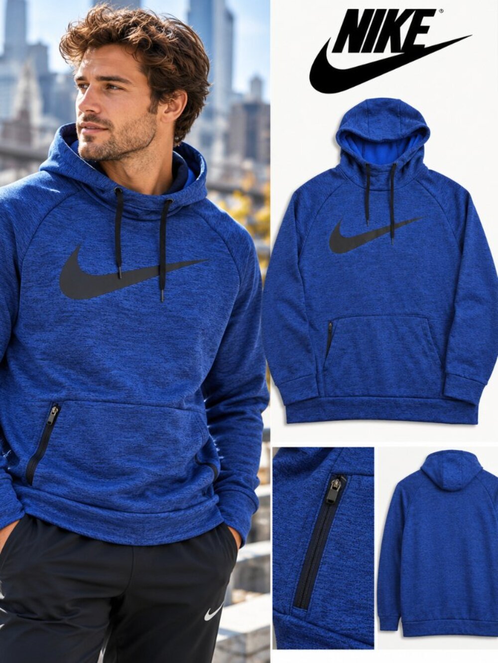 Nike Therma-FIT Men's XL RoyalBlue Heather Pullover Hoodie Black Swoosh Athletic